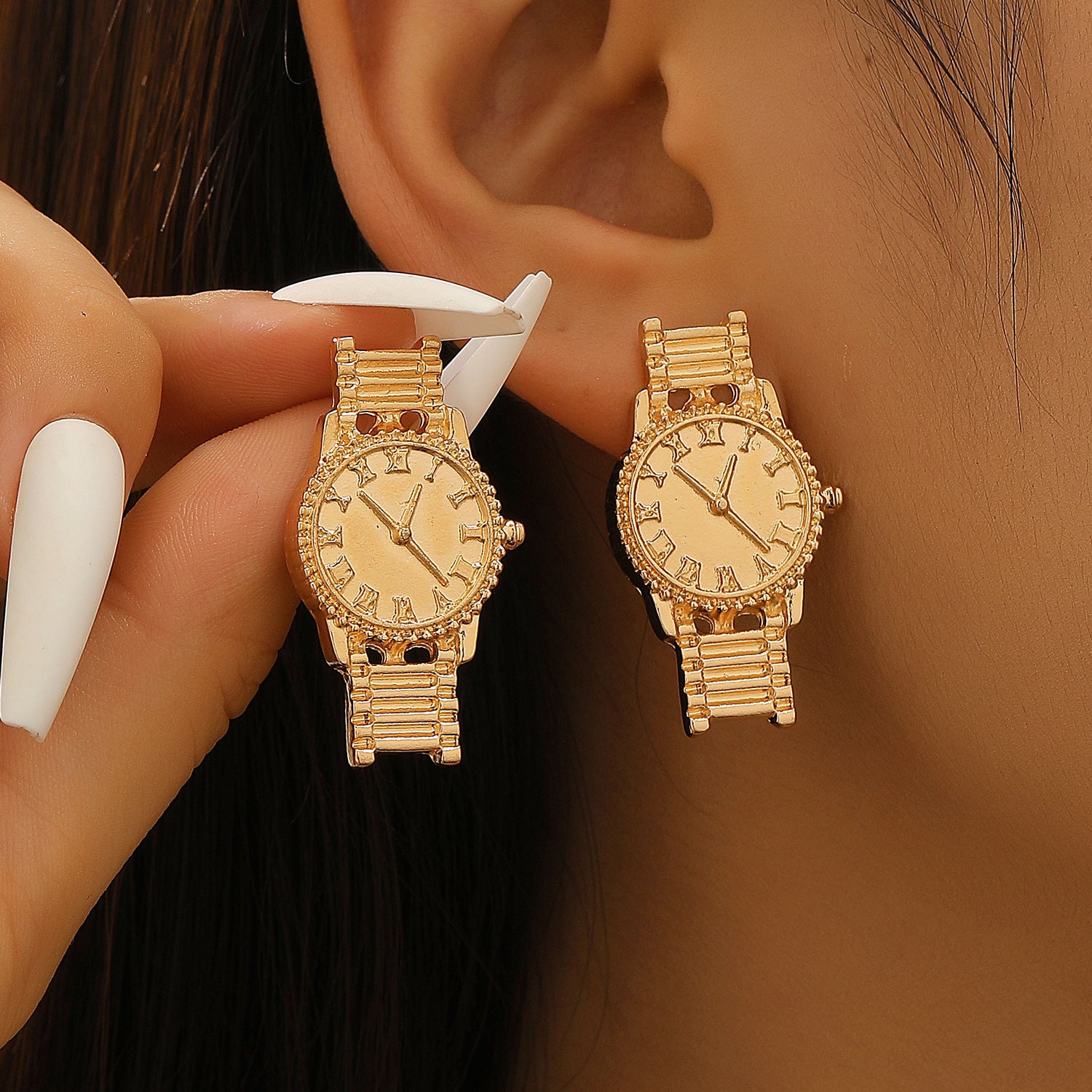 Wholesale High-end watch earrings,  personalized niche street style trend gold watch earrings